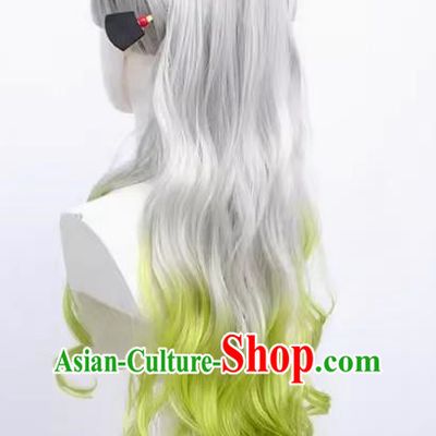 Fallen Princess Cos Wig Demon Slayer Kimetsu No Yaiba Silver Gradient Green Tiger Mouth Ponytail Curly Hairpin