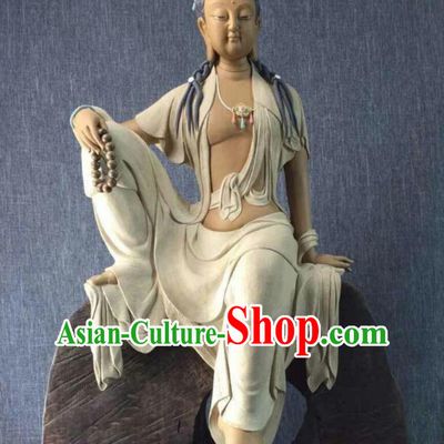Chinese Guan Yin Statue Handmade Shiwan Ceramic Sculpture Bodhisattva Figurine