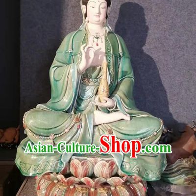 Handmade Shiwan Ceramic Sculpture Chinese Porcelain Bodhisattva Figurine Green Dress Guan Yin Statue