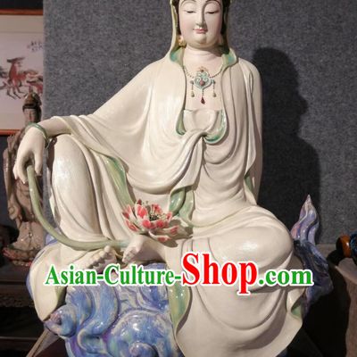 Handmade Guan Yin Statue Shiwan Ceramic Sculpture Chinese Porcelain Bodhisattva Figurine