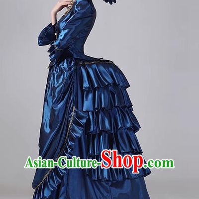 Navy Blue European Style Court Dress British Medieval Retro Costume French Style Women Robe Dress Stage Outfit Princess Dress