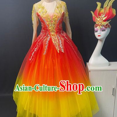 Red And Yellow Opening Dance Performance Costumes With Large Swing Skirts Female Atmospheric Singing And Dancing Costumes Spring Story Dance Costumes