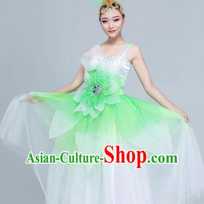 Green Dance Clothing For Women Adult Performance Clothing Female Modern Dance Youth Stage Performance Clothing Accompanying Dancer Mid Length Gauze Skirt Opening Dance
