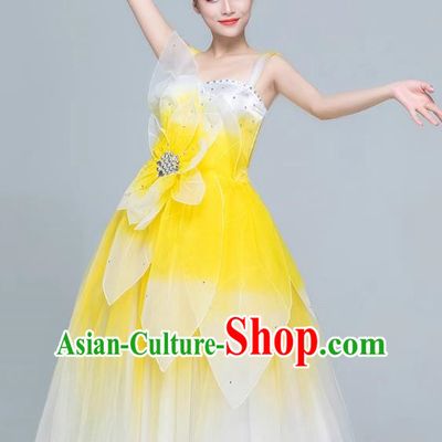 Yellow Dance Costumes For Women Adult Costumes Modern Dance Youth Stage Costumes Accompanying Dancers Mid Length Gauze Skirt Opening Dance