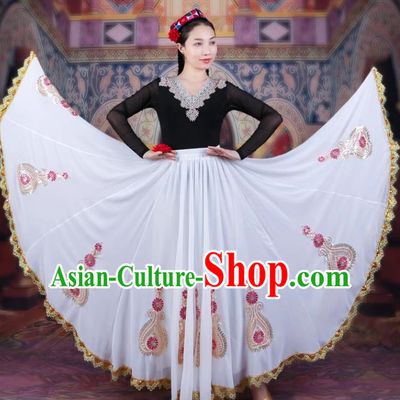 720 Degree Swing White Chiffon Skirt With Gold Edge And Lace Ethnic Style Four Season Long Skirt Chinese Xinjiang Dance Performance Costume