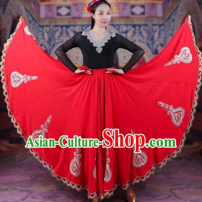 720 Degree Wide Swing Red Chiffon Skirt With Gold Edge And Lace Ethnic Style Four Seasons Long Skirt Chinese Xinjiang Dance Performance Costume