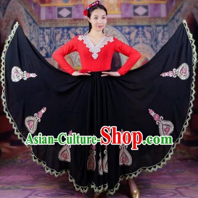 720 Degree Swing Black Chiffon Skirt With Gold Edge And Lace Ethnic Style Four Seasons Long Skirt Chinese Xinjiang Dance Performance Costume