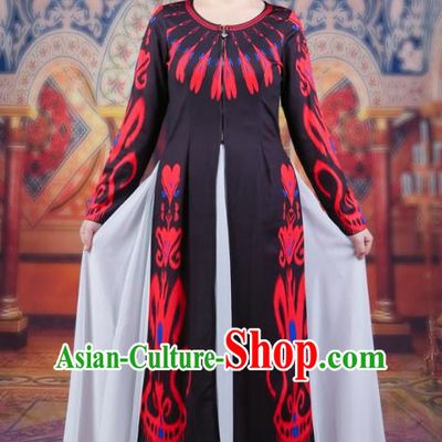 Black China Xinjiang Dance Costume Women Long Vest Uyghur Adelaide Long Ruffles