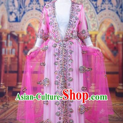 Pink China Xinjiang Dance Performance Costume Ethnic Style Bead Embroidery Women Clothing Uyghur Long Mesh Vest