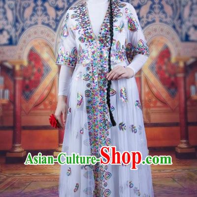 White China Xinjiang Dance Performance Costume Ethnic Style Bead Embroidery Women Clothing Uyghur Long Mesh Vest