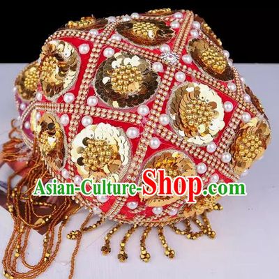 China Xinjiang Dance Performance Hat Ethnic Style Pure Handmade Beaded Embroidery Headwear Uyghur Stage Performance Pearl Gold Red Flower Hat