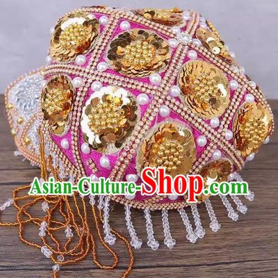 China Xinjiang Dance Performance Hat Ethnic Style Pure Handmade Beaded Embroidery Headwear Uyghur Stage Performance Pearl Pink Flower Hat