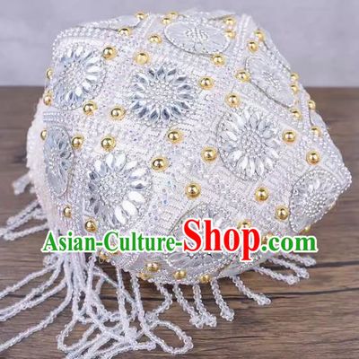 China Xinjiang Dance Performance Hat Ethnic Style Pure Handmade Beaded Embroidery Headwear Uyghur Stage Performance Silver And White Flower Hat
