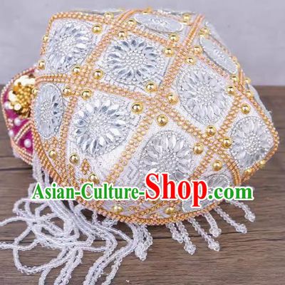 China Xinjiang Dance Performance Hat Ethnic Style Pure Handmade Beaded Embroidery Headwear Uyghur Stage Performance Yellow And White Flower Hat