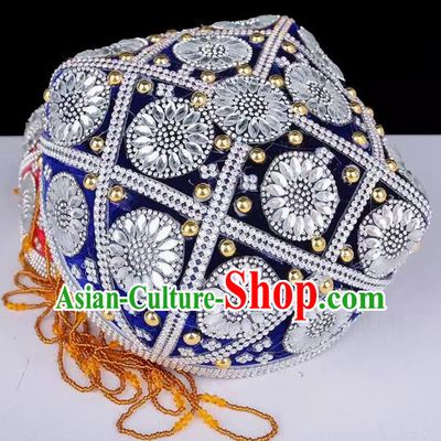 China Xinjiang Dance Performance Hat Ethnic Style Pure Handmade Beaded Embroidery Headwear Uyghur Stage Performance Sapphire Blue Flower Hat
