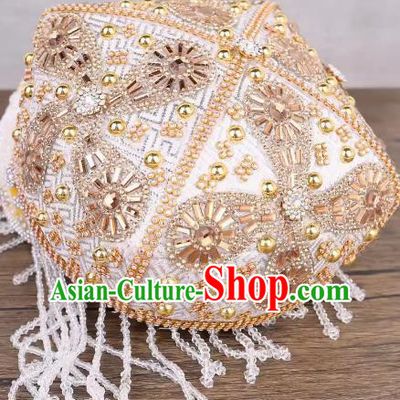 Gold And White Uighur Flower Hat Handmade Beaded Lady Red Bada Wood Flower Headdress China Xinjiang Dance Stage Hat