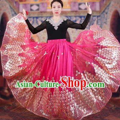 China Xinjiang Dance Performance Costumes Women Mesh Embroidered Skirt Uyghur Ethnic Style Red Large Swing Elegant Pink Skirt