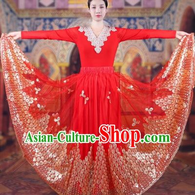 China Xinjiang Dance Performance Costumes Women Mesh Embroidered Skirt Uyghur Ethnic Style Red Large Swing Elegant Red Skirt