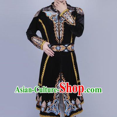 Black Men China Xinjiang Dance Performance Costume Uyghur Embroidered Skirt Stage Black Four Piece Set