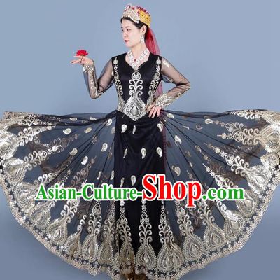 Black China Xinjiang Dance Spring And Summer Mesh Embroidery Double Layer Oversized Swing Dress Ethnic Style Stage Skirt