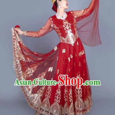 Red China Xinjiang Dance Spring And Summer Mesh Embroidery Double Layer Oversized Swing Dress Ethnic Style Stage Skirt