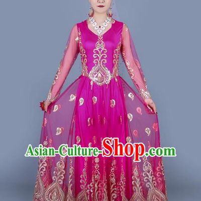 Rose Red Chinese Xinjiang Dance Spring And Summer Mesh Embroidered Double Layer Oversized Swing Dress Ethnic Style Stage Skirt