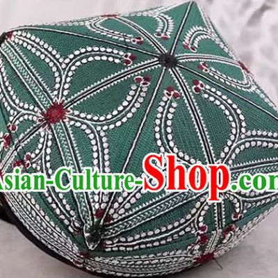 Green Chinese Xinjiang Dance Men Hat High End Ethnic Style Traditional Four Corner Flower Hat Dance Hat Uighur Square Dance Performance Hat