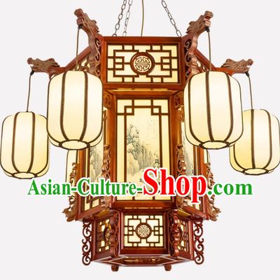 45 Inches Diameter Chinese Antique Large Chandelier Solid Wood Hexagonal Faucet Phoenix Tail Palace Lantern Ancient Building Hotel Chandelier