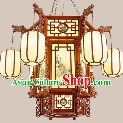 45 Inches Diameter Chinese Antique Large Chandelier Solid Wood Hexagonal Faucet Phoenix Tail Palace Lantern Ancient Building Hotel Chandelier