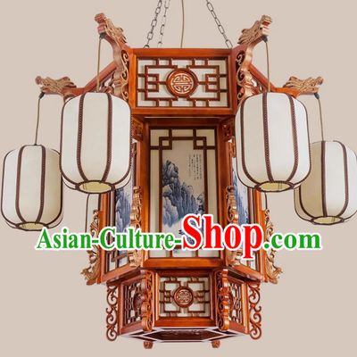45 Inches Diameter Chinese Antique Large Chandelier Solid Wood Hexagonal Faucet Phoenix Tail Palace Lantern Ancient Building Hotel Chandelier