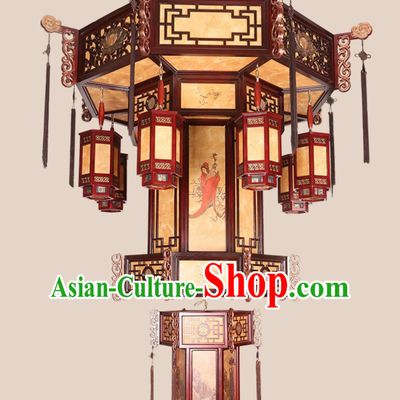 75 Inches Diameter Antique Chinese Villa Chandelier Solid Wood Hexagonal Lantern Classic Hotel Lobby Headlight