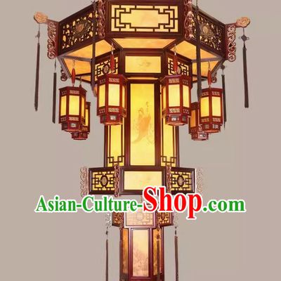 75 Inches Diameter Antique Chinese Villa Chandelier Solid Wood Hexagonal Lantern Classic Hotel Lobby Headlight