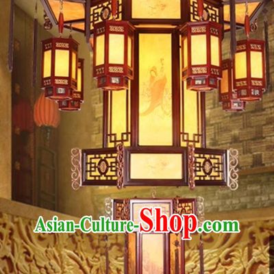 75 Inches Diameter Antique Chinese Villa Chandelier Solid Wood Hexagonal Lantern Classic Hotel Lobby Headlight