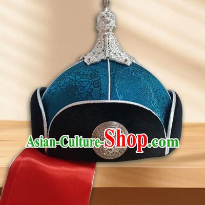 Peacock Blue Men Adult Mongolian Pointed Hat Prairie Prince Hat Headwear