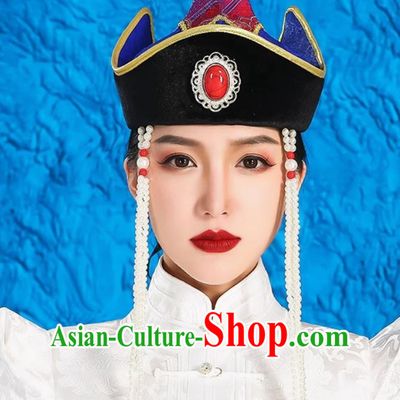 Mongolian Women Hats High End Ethnic Minority Style Wedding Bridal Headwear Photography Red Forehead Ornaments