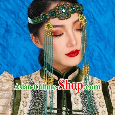 Dark Green Mongolian Female Headdress Tibetan Ethnic Minority Style Wedding Hair Accessories Stage Performance Tassel Beads