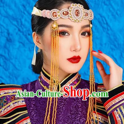 Light Pink Mongolian Female Headdress Tibetan Ethnic Minority Style Wedding Hair Accessories Stage Performance Tassel Beads