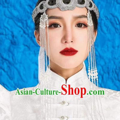 Gray Mongolian Female Headdress Tibetan Ethnic Minority Style Wedding Hair Accessories Stage Performance Tassel Beads