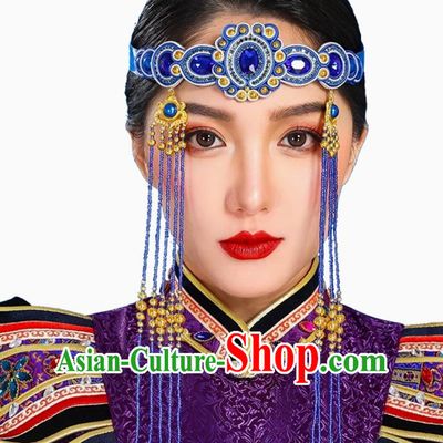Sapphire Blue Mongolian Female Headdress Tibetan Ethnic Minority Style Wedding Special Hair Accessories Stage Performance Tassel Beads