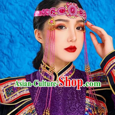 Rose Red Mongolian Female Headdress Tibetan Ethnic Minority Style Wedding Special Hair Accessories Stage Performance Tassel Beads