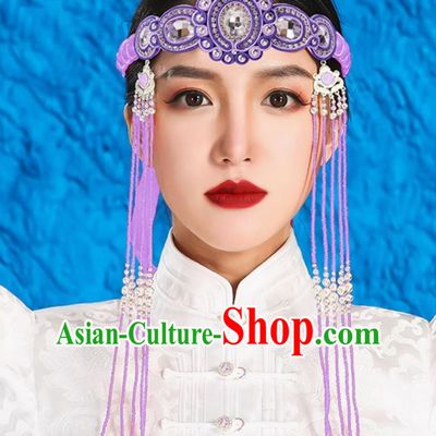 Light Purple Mongolian Female Headdress Tibetan Ethnic Minority Style Wedding Special Hair Accessories Stage Performance Tassel Beads