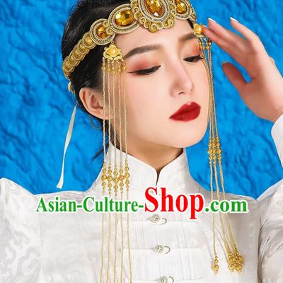 Golden Mongolian Female Headdress Tibetan Ethnic Minority Style Wedding Unique Hair Accessories Stage Performance Tassel Beads