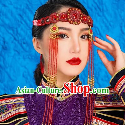 Red Mongolian Female Headdress Tibetan Ethnic Minority Style Wedding Unique Hair Accessories Stage Performance Tassel Beads