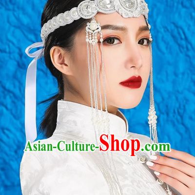 White Mongolian Female Headdress Tibetan Ethnic Minority Style Wedding Unique Hair Accessories Stage Performance Tassel Beads