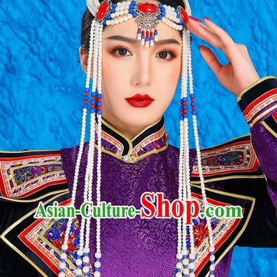 Mongolian Lady White Beaded Forehead Ornament Ethnic Ancient Style Forehead Wiping Tibetan Xinjiang Exotic Style Headdress Forehead Pendant
