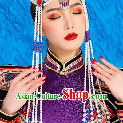 Mongolian Lady White Beaded Forehead Ornament Ethnic Ancient Style Forehead Wiping Tibetan Xinjiang Exotic Style Headdress Forehead Pendant
