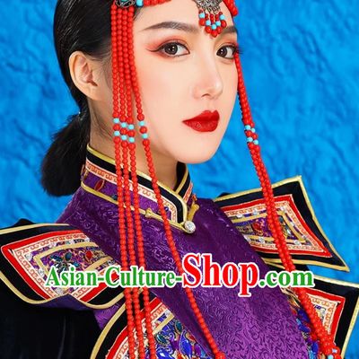 Mongolian Lady Red Bead Forehead Ornament Ethnic Ancient Style Forehead Wiping Tibetan Xinjiang Exotic Style Headdress Forehead Pendant