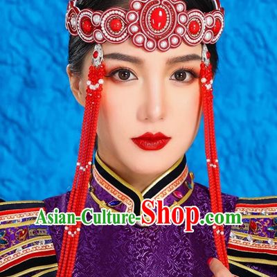 Mongolian Ladies Green Forehead Ornaments Ethnic Minority Style Headdress Bridal Beaded Forehead Pendant