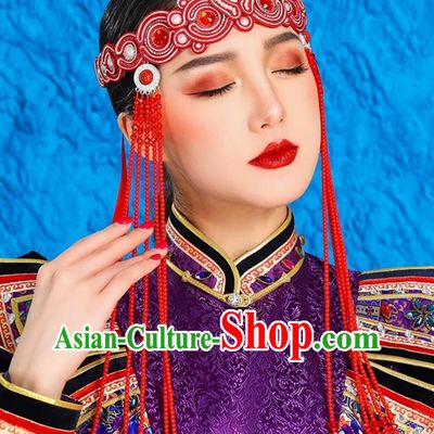 Mongolian Ladies Green Forehead Ornaments Ethnic Minority Style Headdress Bridal Beaded Forehead Pendant