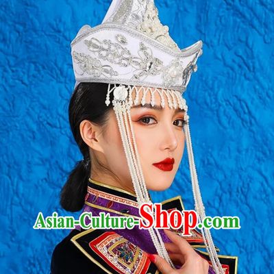 Mongolian Lady White Performance Hat Ethnic Dance Performance Headdress Wedding